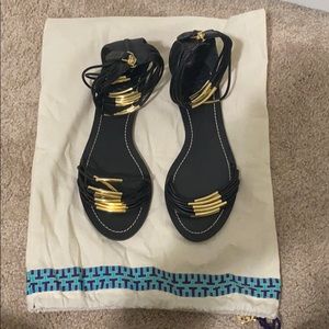 Tory Burch Black & Gold Flat Gladiator Sandals